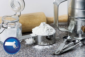 baking equipment, flour, and salt - with Massachusetts icon