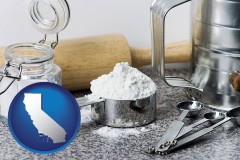california map icon and baking equipment, flour, and salt