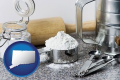 connecticut map icon and baking equipment, flour, and salt