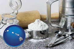 hawaii map icon and baking equipment, flour, and salt