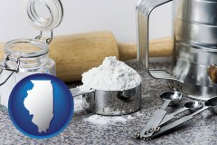 illinois map icon and baking equipment, flour, and salt