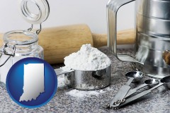 indiana map icon and baking equipment, flour, and salt