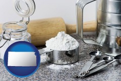kansas map icon and baking equipment, flour, and salt