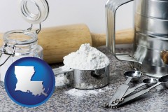 louisiana map icon and baking equipment, flour, and salt