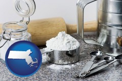 massachusetts map icon and baking equipment, flour, and salt