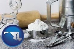 maryland map icon and baking equipment, flour, and salt
