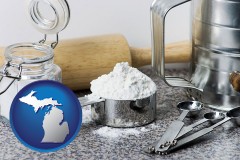 michigan map icon and baking equipment, flour, and salt