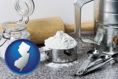 new-jersey map icon and baking equipment, flour, and salt