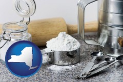 new-york map icon and baking equipment, flour, and salt