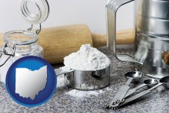 ohio map icon and baking equipment, flour, and salt