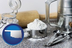 oklahoma map icon and baking equipment, flour, and salt
