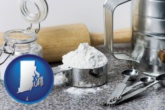 rhode-island map icon and baking equipment, flour, and salt