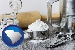south-carolina map icon and baking equipment, flour, and salt