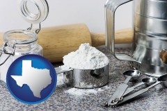 texas map icon and baking equipment, flour, and salt