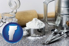 vermont map icon and baking equipment, flour, and salt